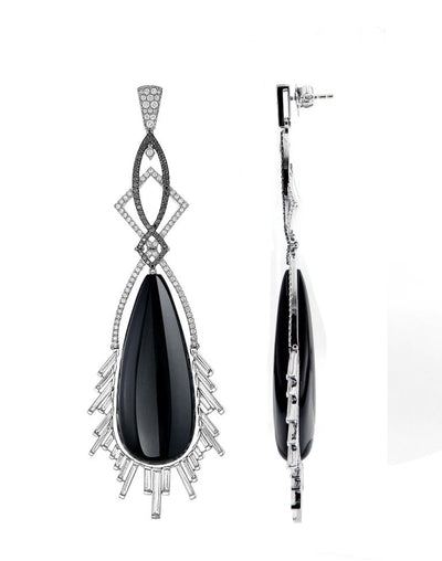 Black Onyx, Rock Crystal Diamond Earrings