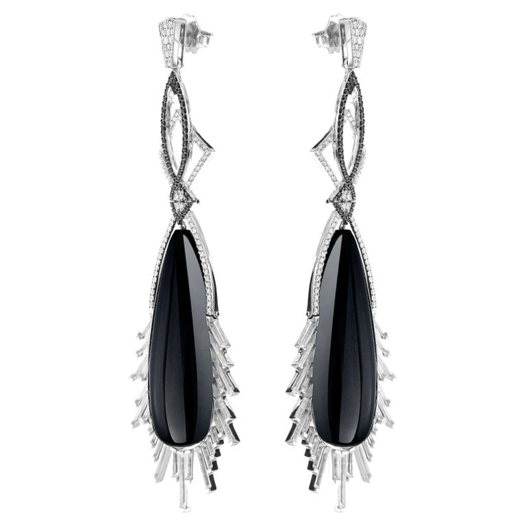 Black Onyx, Rock Crystal Diamond Earrings