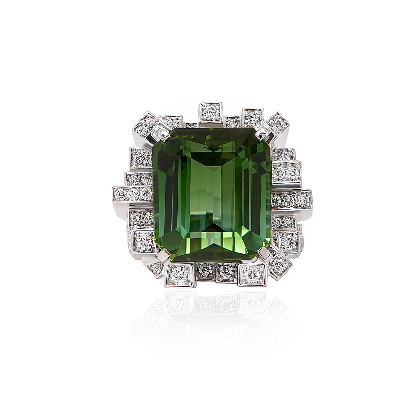 Bi Color Green Tourmaline and Diamond Tower Ring