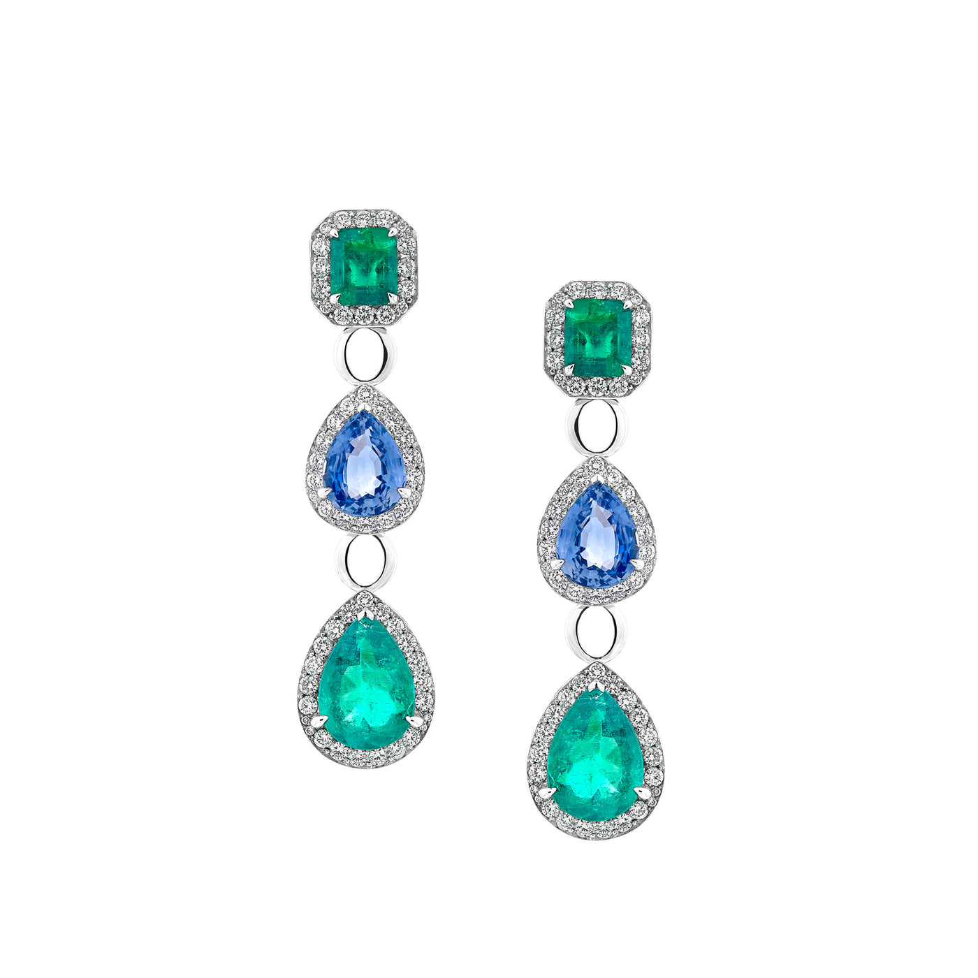 Emerald, Blue Sapphire and Diamond Earrings