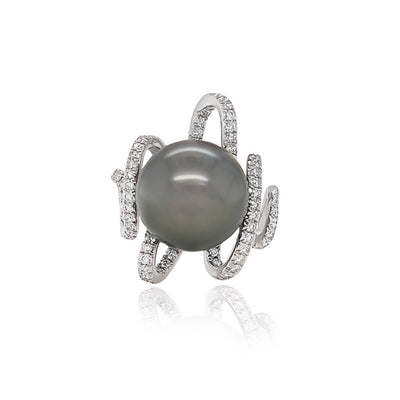 Tahitian Pearl and Diamond Ring in 18k White Gold