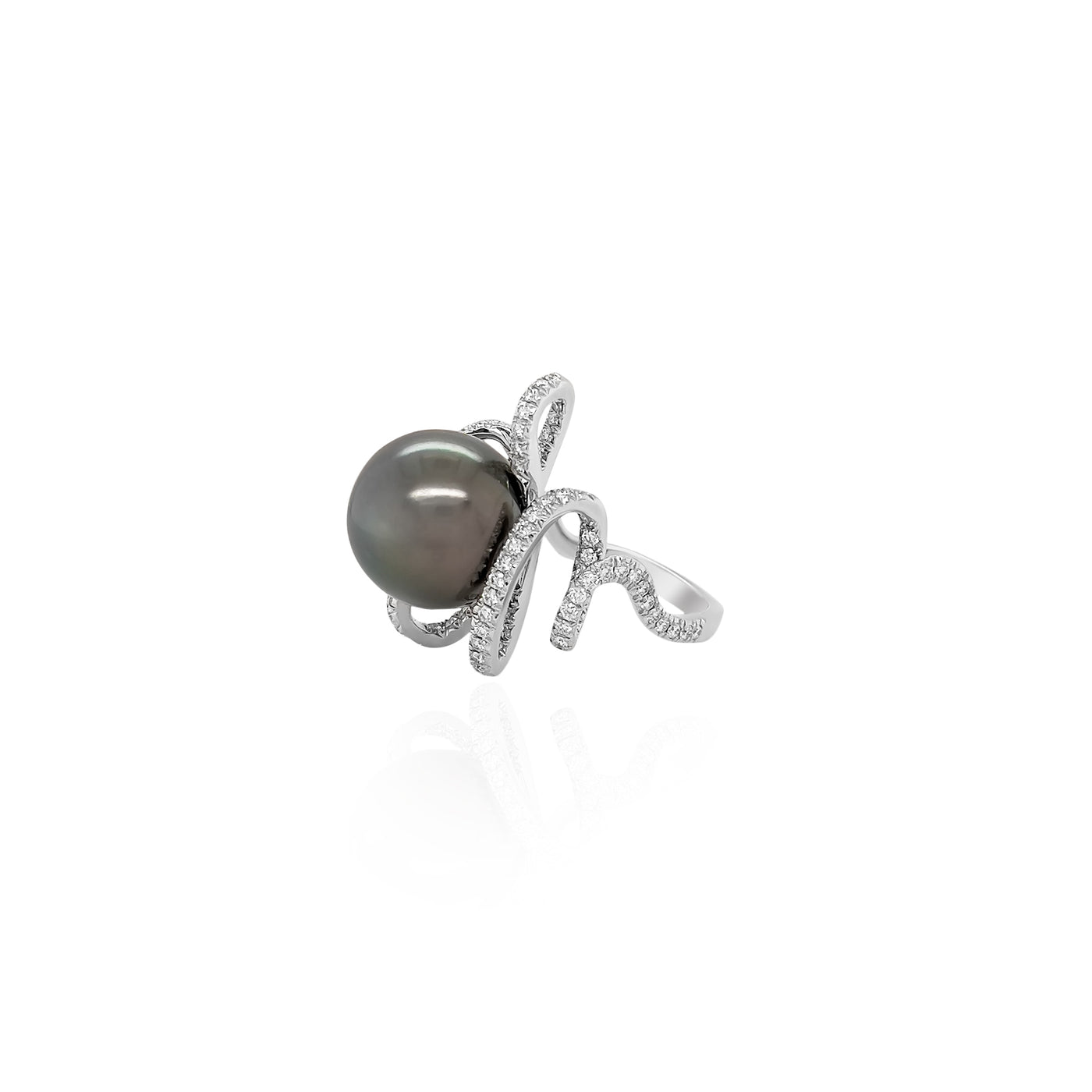 Tahitian Pearl and Diamond Ring in 18k White Gold