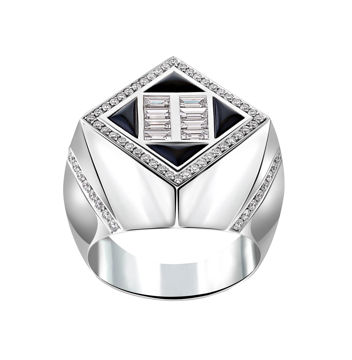 White Gold Ring with Black  Onyx Baquette Diamonds