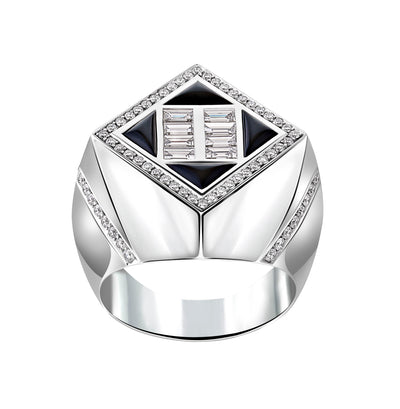 White Gold Ring with Black  Onyx Baquette Diamonds