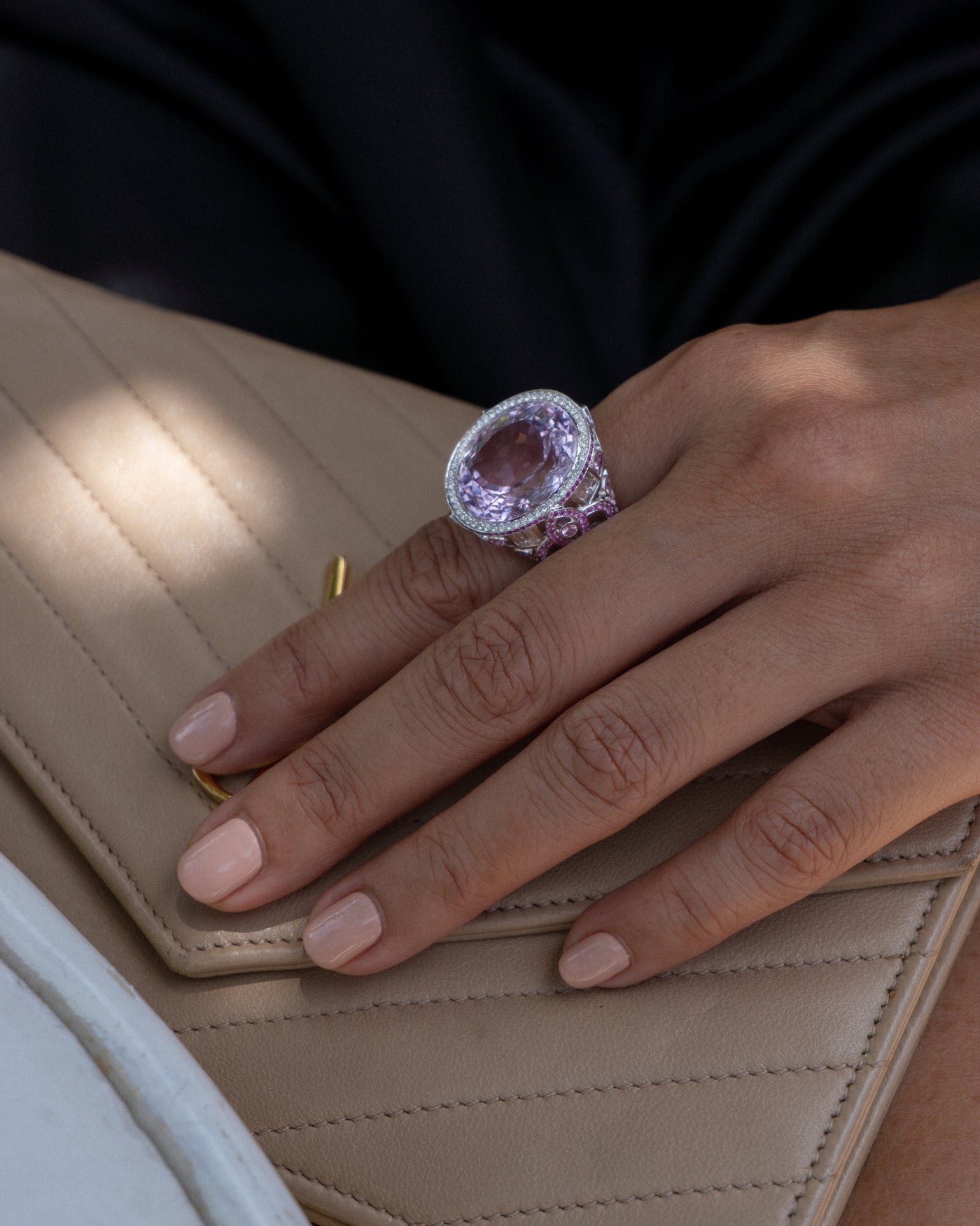 Kunzite, Fancy Sapphire and Diamond Ring