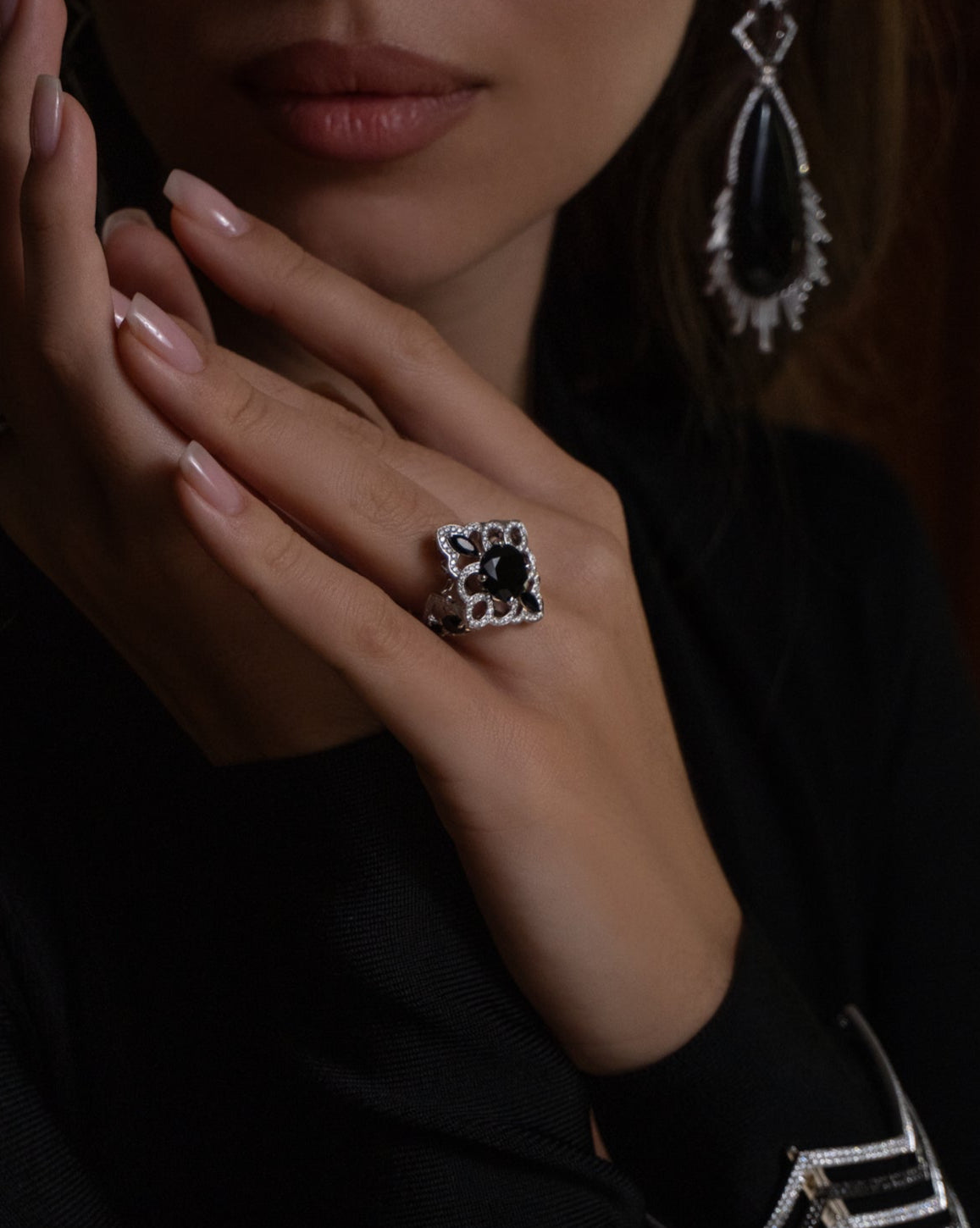 Black Spinel and Diamond Ring