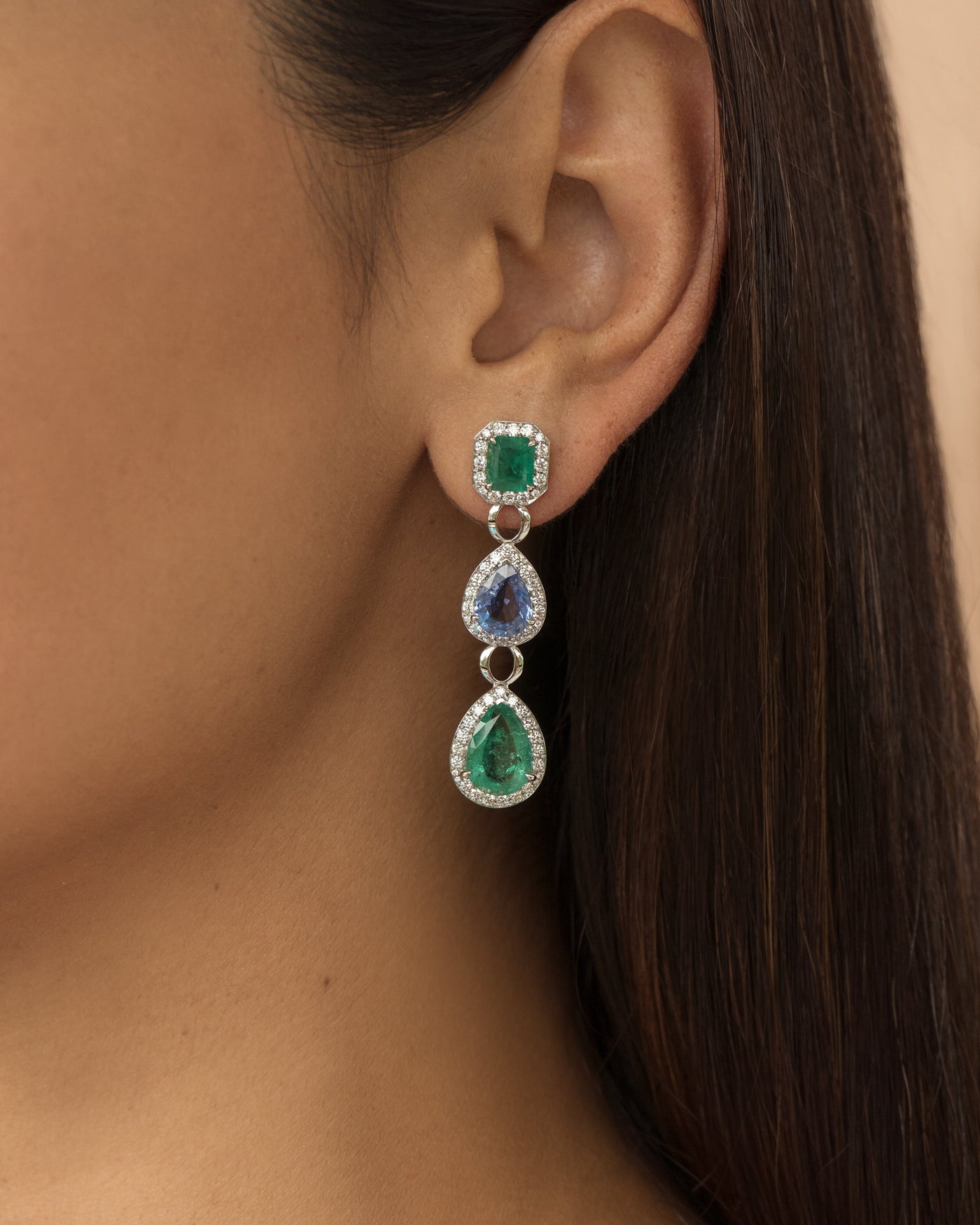 Emerald, Blue Sapphire and Diamond Earrings