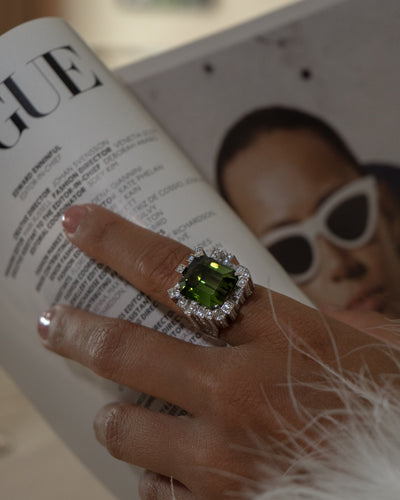 Bi Color Green Tourmaline and Diamond Tower Ring