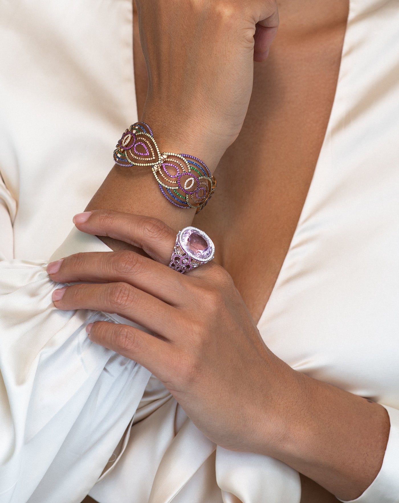 Kunzite, Fancy Sapphire and Diamond Ring