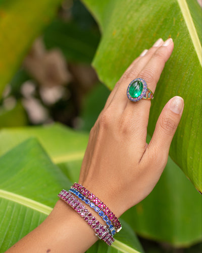 Emerald Cabochon and Coloured  Sapphire Ring
