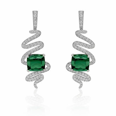 Vivid Green Tourmaline and Diamond Spiral Earrings in 18k White Gold