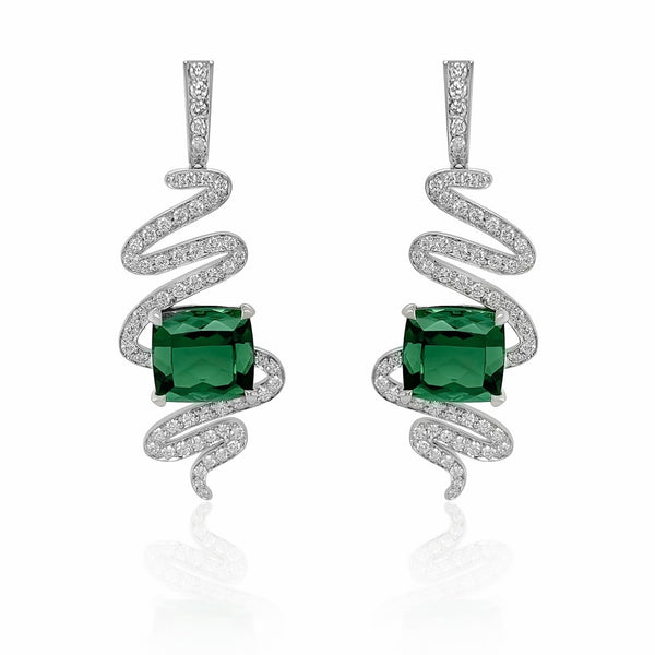 Vivid Green Tourmaline and Diamond Spiral Earrings in 18k White Gold