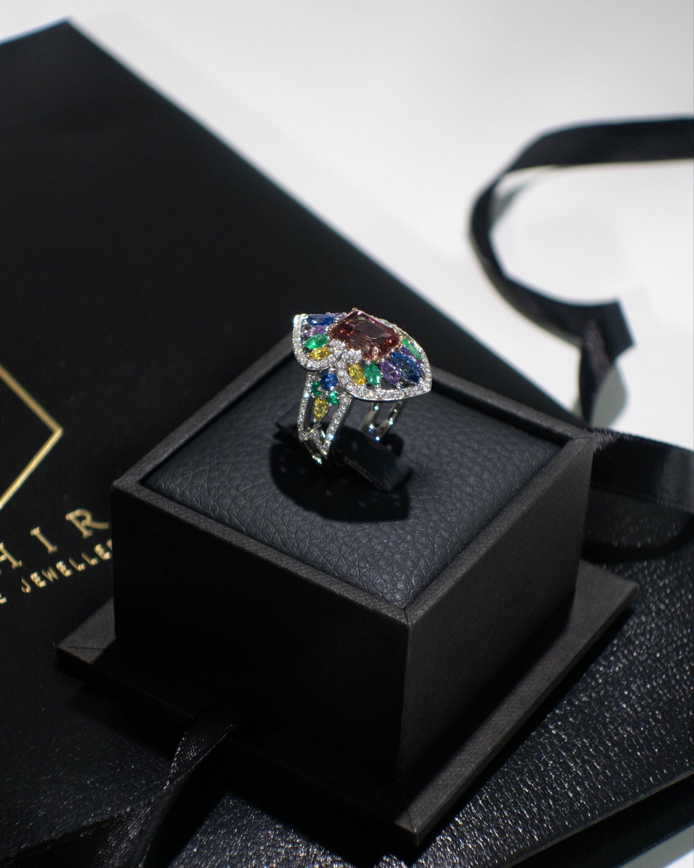 Pink Tourmaline, Sapphire, Emerald and Diamond Cocktail Ring