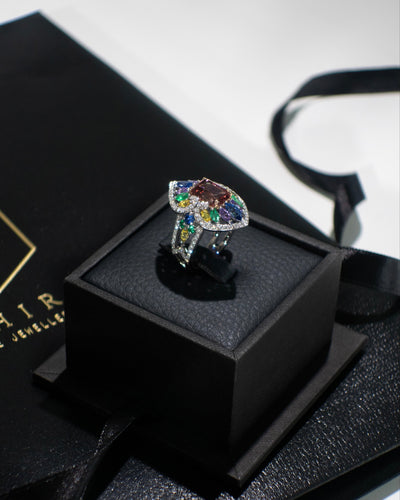 Pink Tourmaline, Sapphire, Emerald and Diamond Cocktail Ring