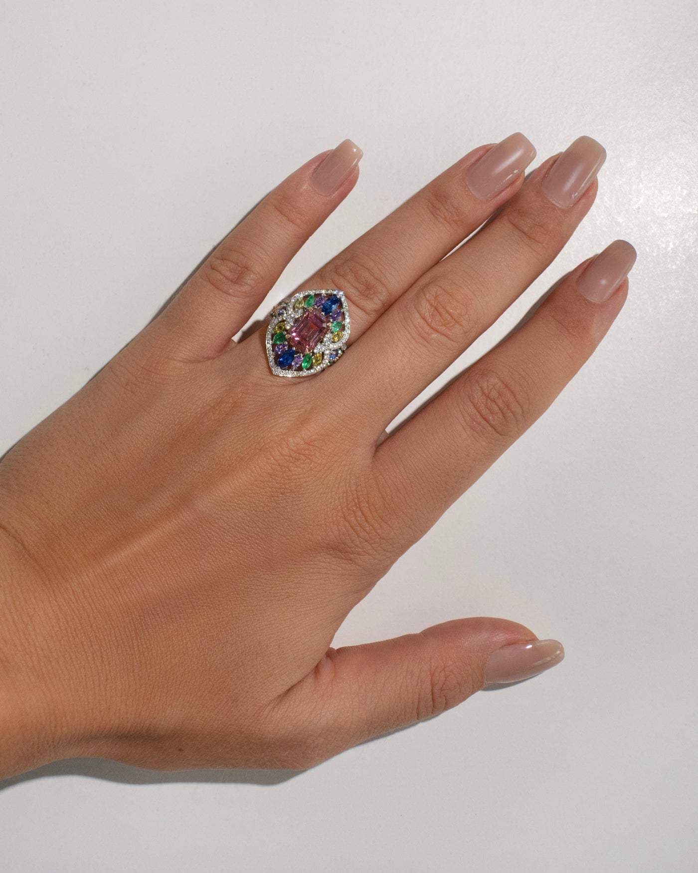 Pink Tourmaline, Sapphire, Emerald and Diamond Cocktail Ring
