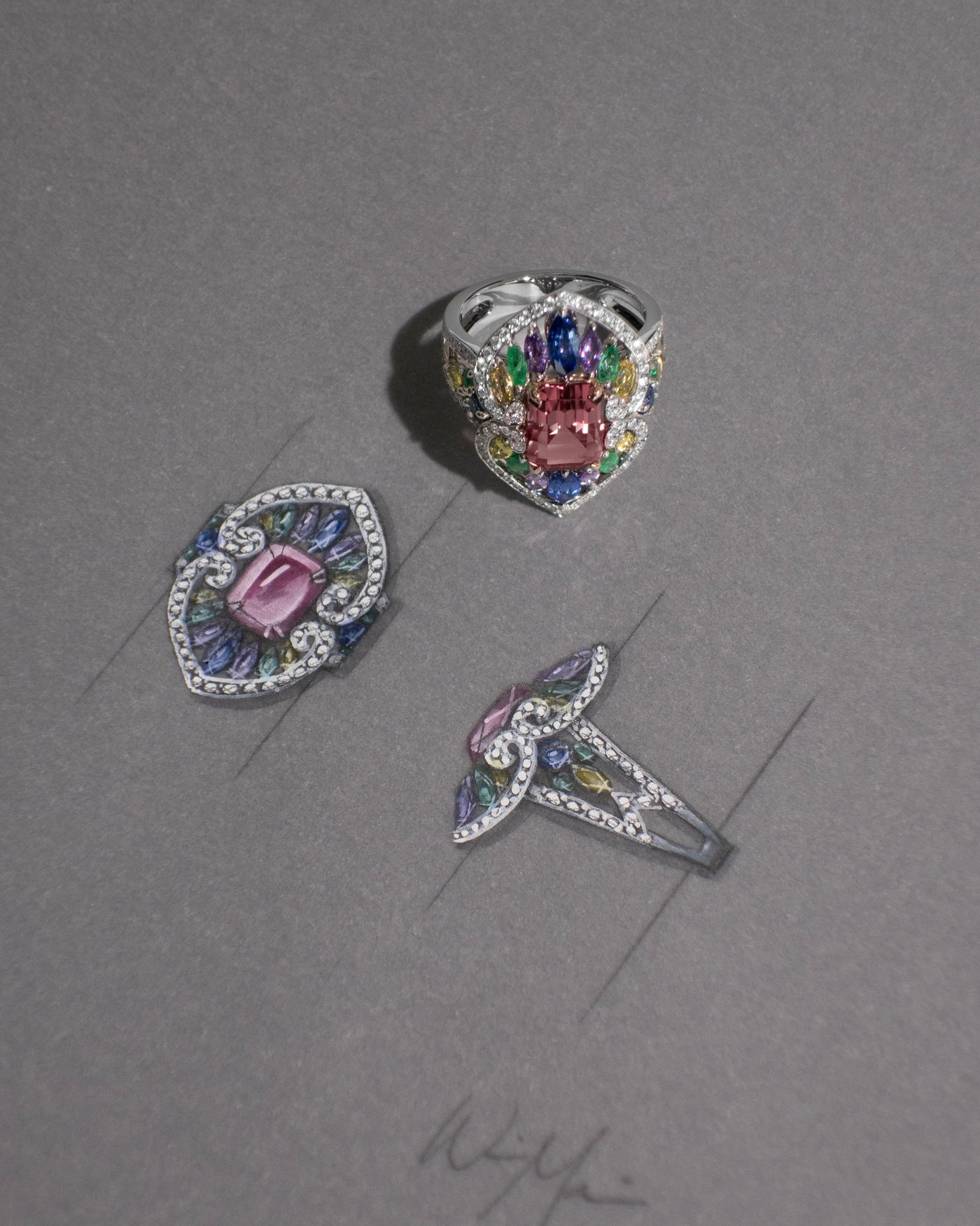 Pink Tourmaline, Sapphire, Emerald and Diamond Cocktail Ring