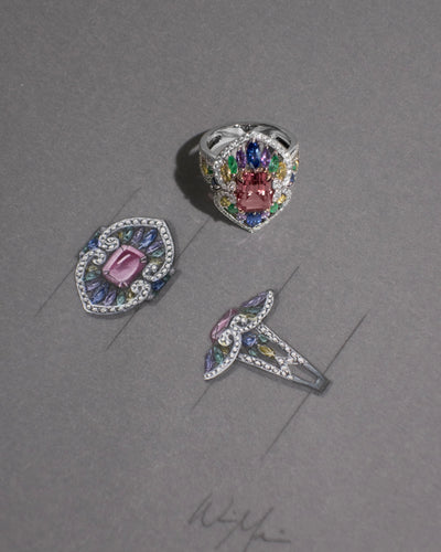 Pink Tourmaline, Sapphire, Emerald and Diamond Cocktail Ring