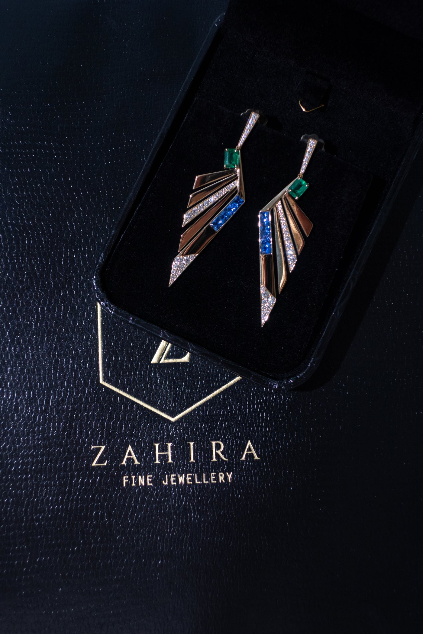 Emerald Blue Sapphire and Diamond Fan Earrings