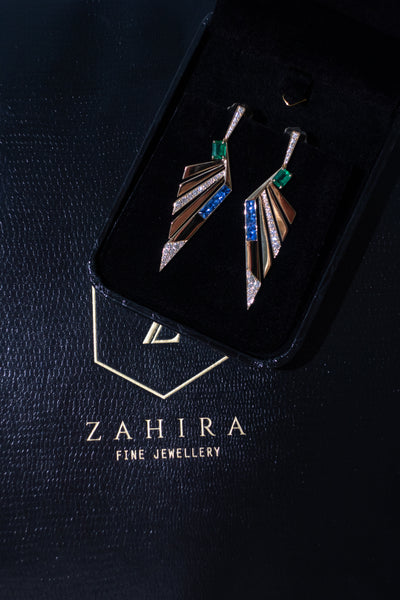 Emerald Blue Sapphire and Diamond Fan Earrings