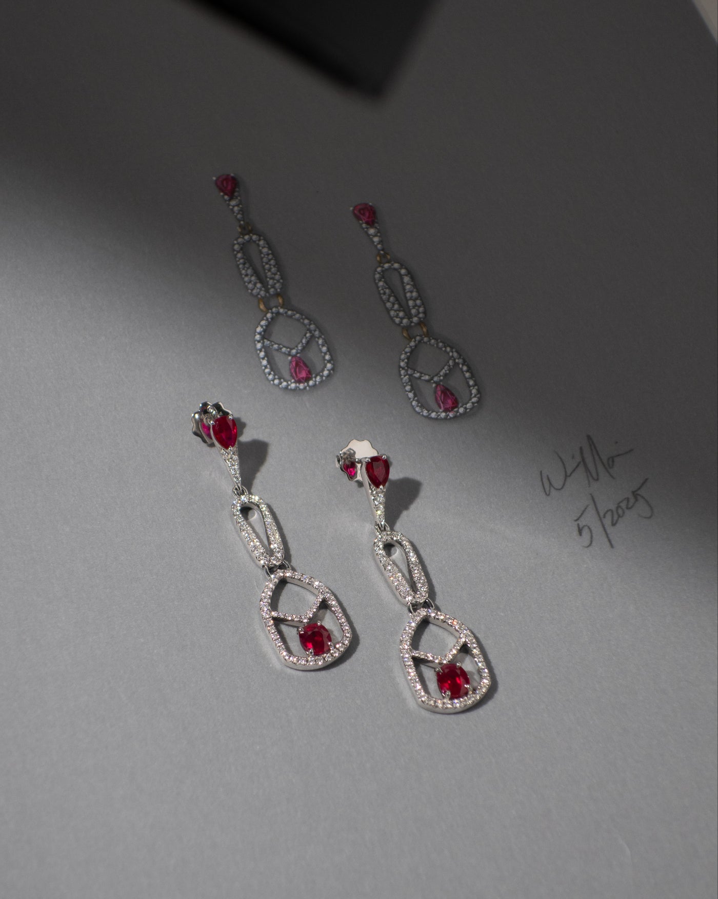Vivid Red Ruby and Diamond Dangle Earrings