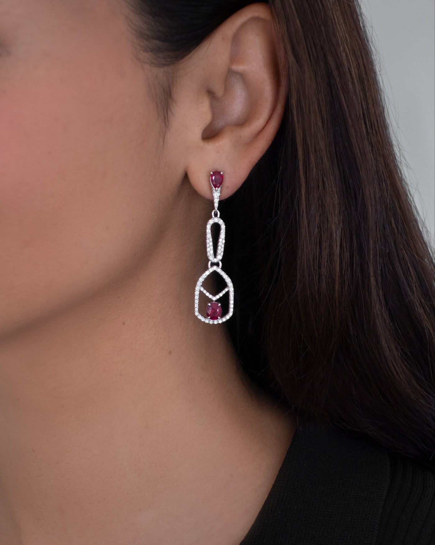 Vivid Red Ruby and Diamond Dangle Earrings