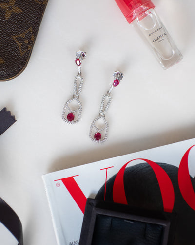 Vivid Red Ruby and Diamond Dangle Earrings