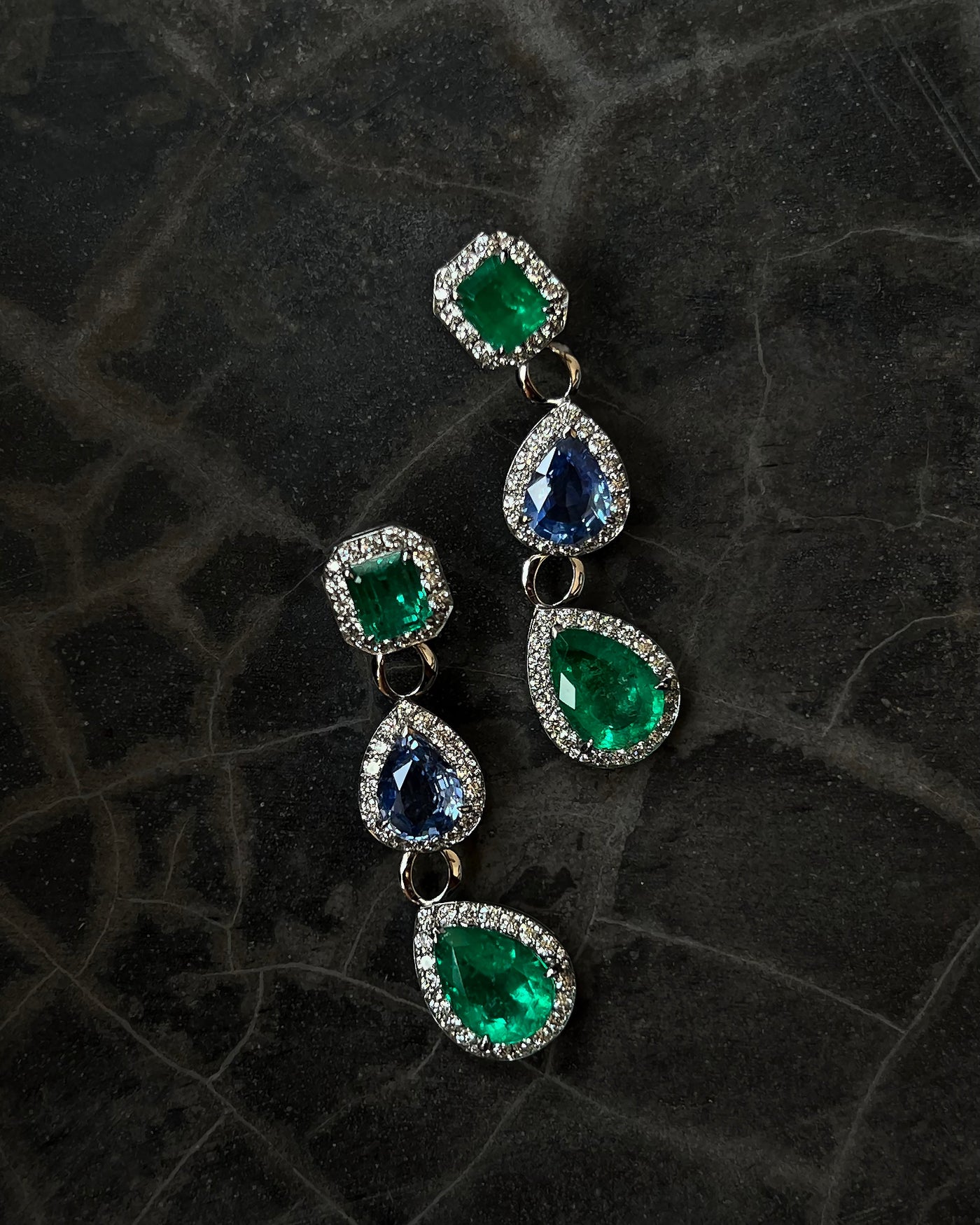 Emerald, Blue Sapphire and Diamond Earrings