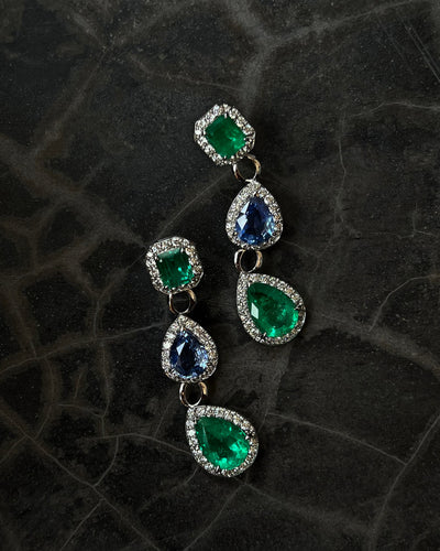 Emerald, Blue Sapphire and Diamond Earrings