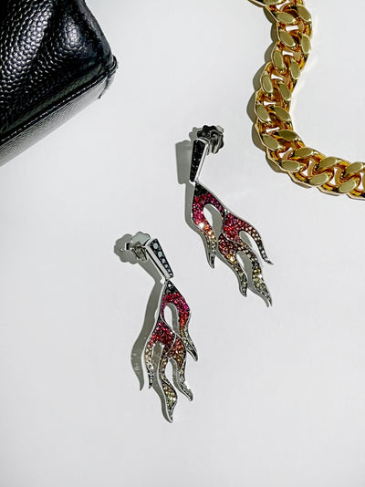 Diamond, Ruby, Sapphire Flame Earrings in 18k White Gold