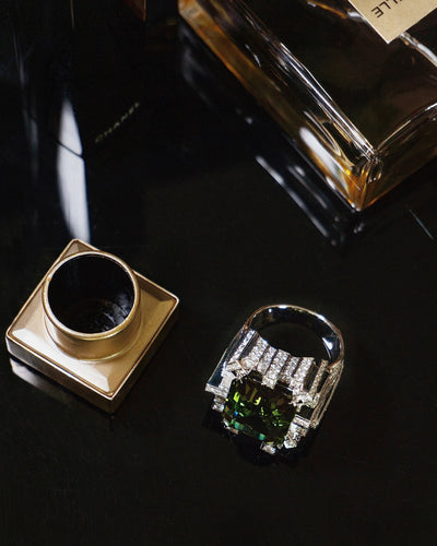 Bi Color Green Tourmaline and Diamond Tower Ring