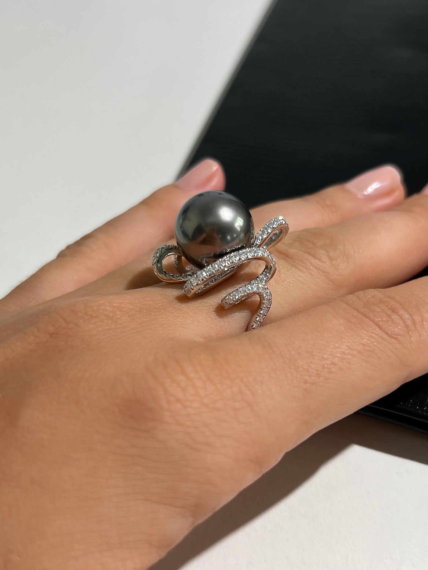 Tahitian Pearl and Diamond Ring in 18k White Gold