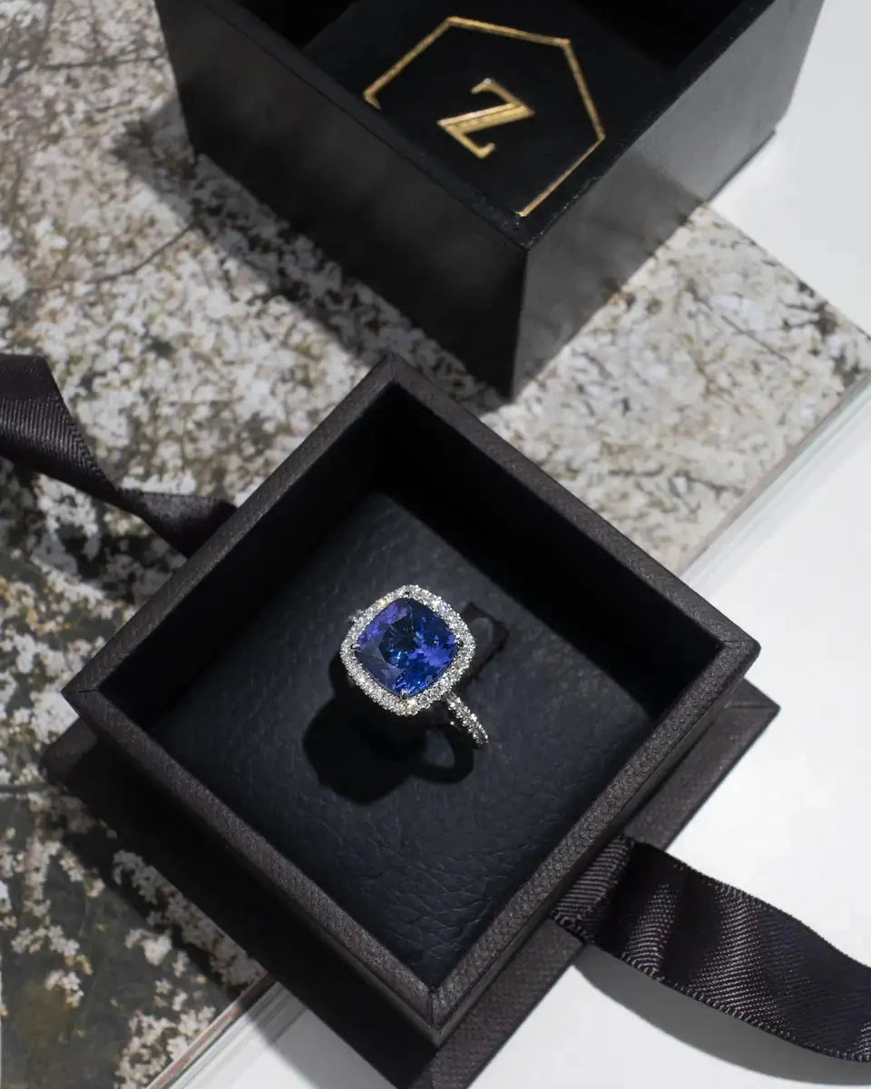Tanzanite and Diamond Halo Ring