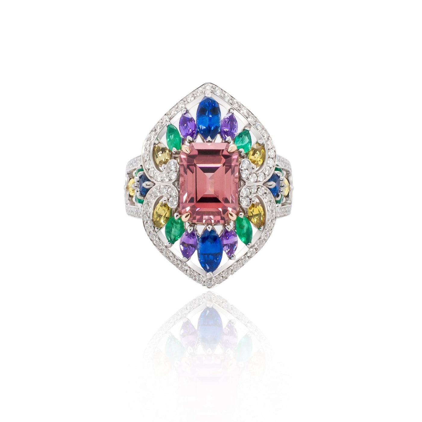 Pink Tourmaline, Sapphire, Emerald and Diamond Cocktail Ring