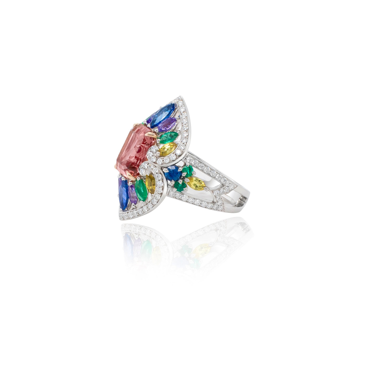 Pink Tourmaline, Sapphire, Emerald and Diamond Cocktail Ring