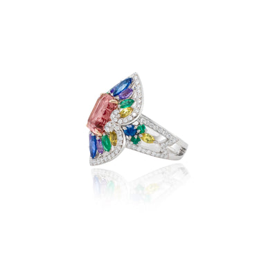Pink Tourmaline, Sapphire, Emerald and Diamond Cocktail Ring