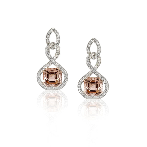 8.65 Carat Peach Tourmaline and Diamond Dangle Earrings in 18k White Gold