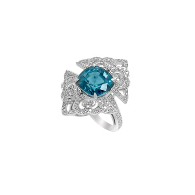 Vivid Cambodian Zircon and Diamond Ring in 18k White Gold