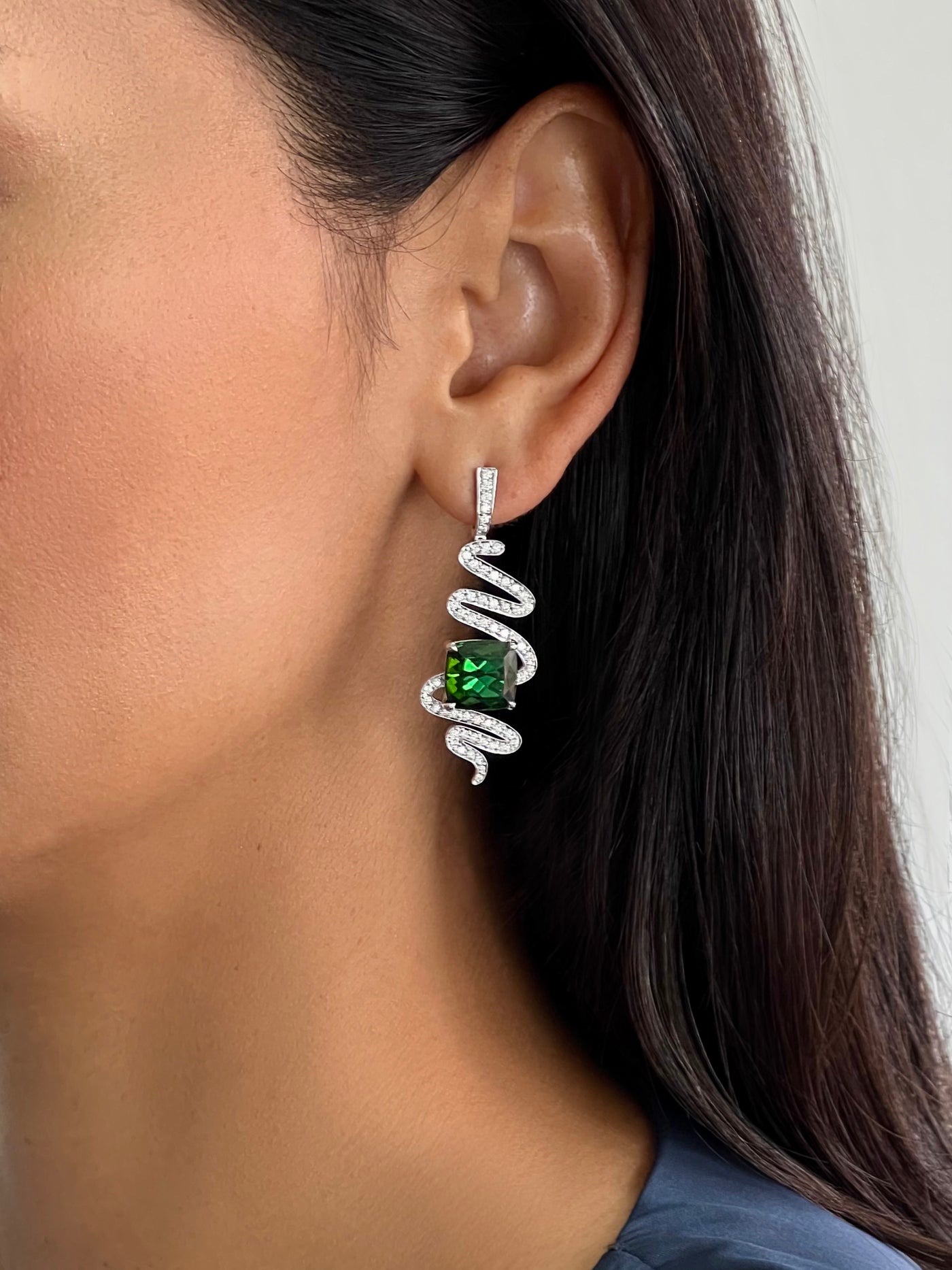 Vivid Green Tourmaline and Diamond Spiral Earrings in 18k White Gold