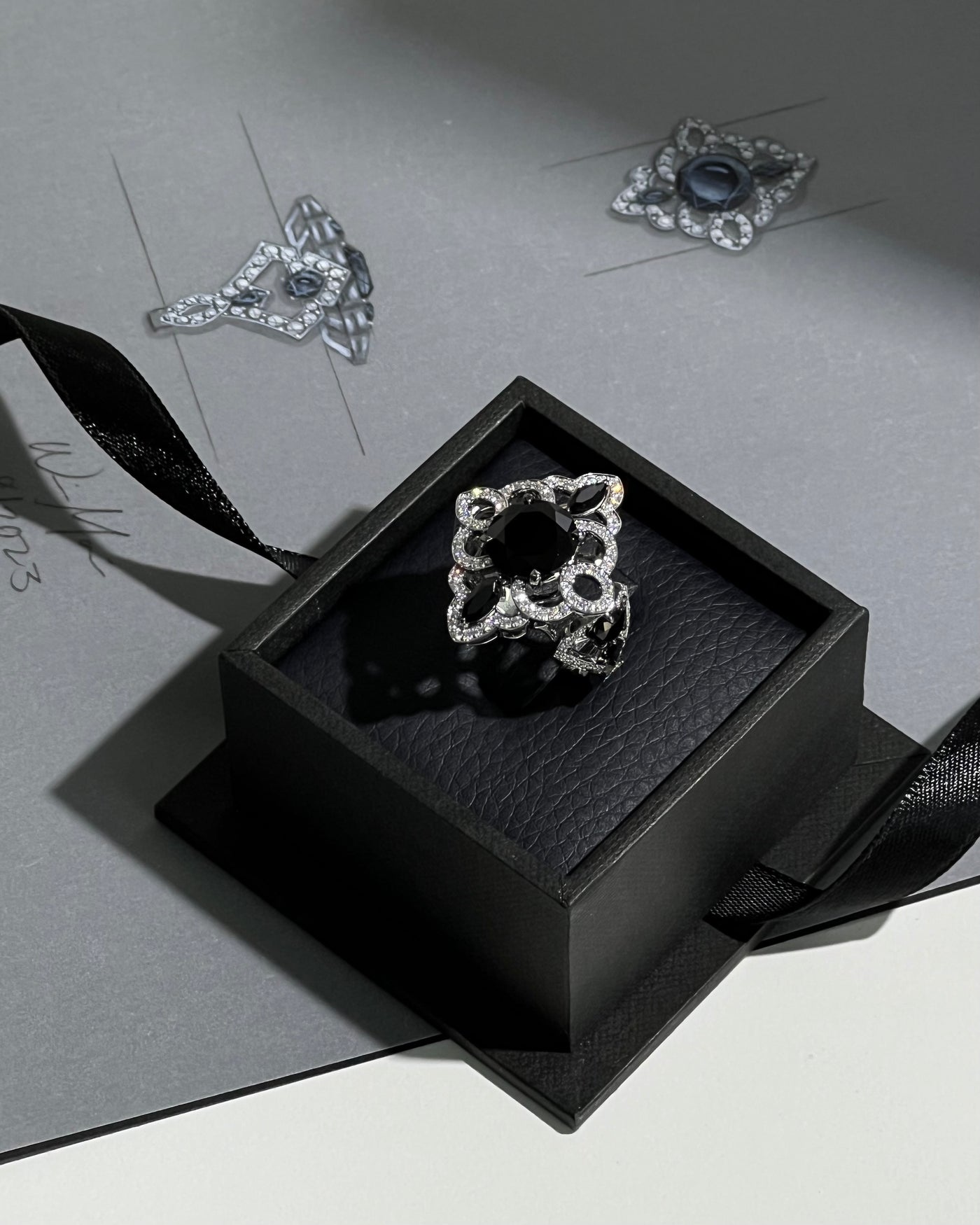 Black Spinel and Diamond Ring