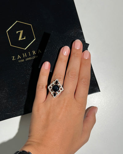 Black Spinel and Diamond Ring in 18k White Gold