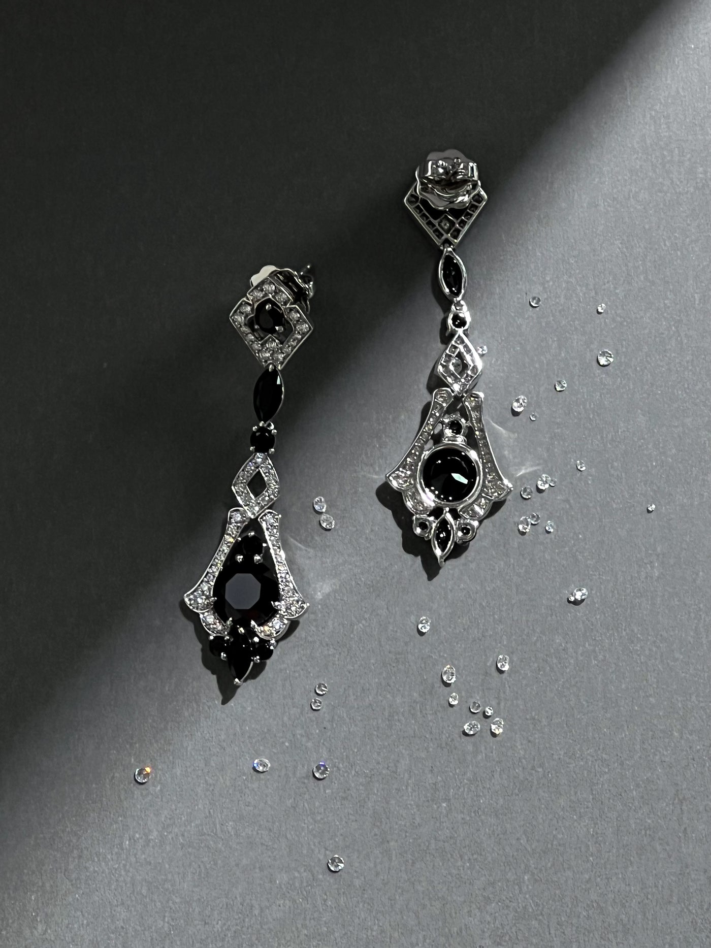 Black Spinel and Diamond Earrings in 18k White Gold