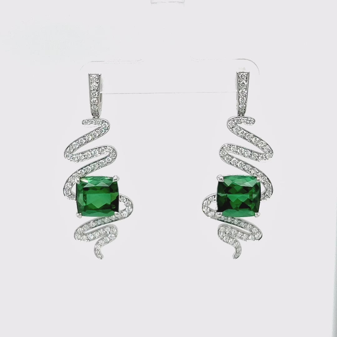 Vivid Green Tourmaline and Diamond Spiral Earrings in 18k White Gold