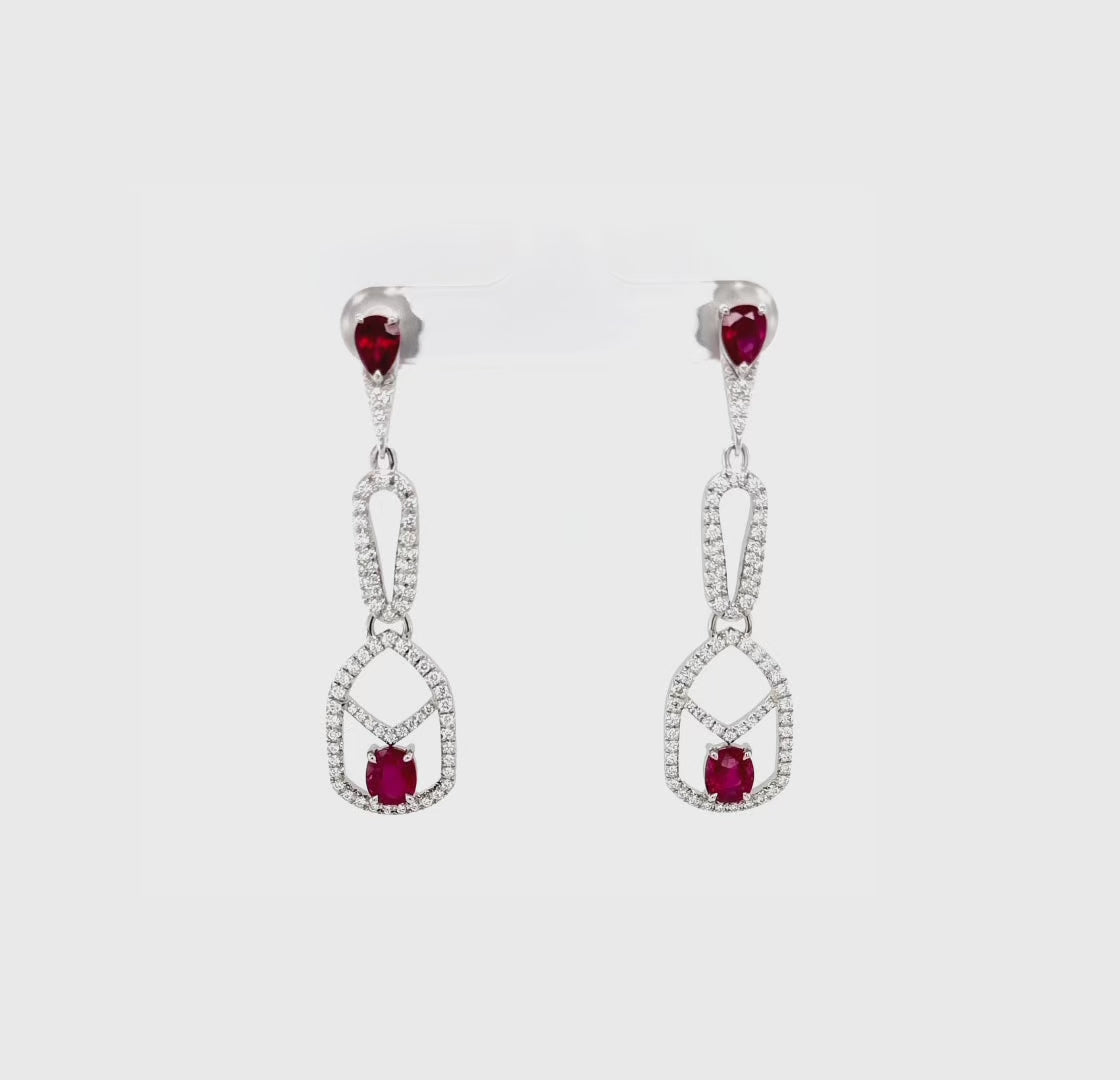 Vivid Red Ruby and Diamond Dangle Earrings