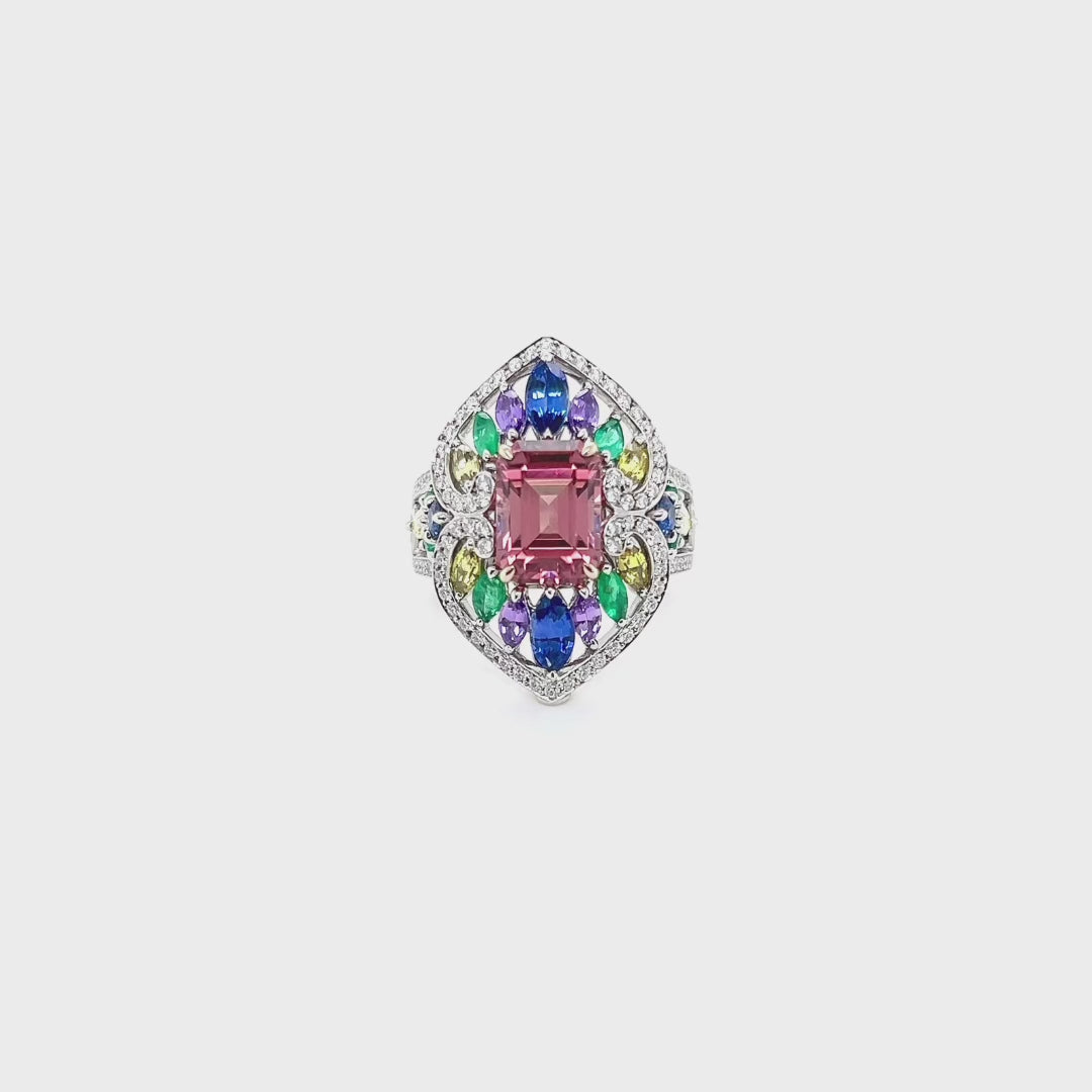 Pink Tourmaline, Sapphire, Emerald and Diamond Cocktail Ring