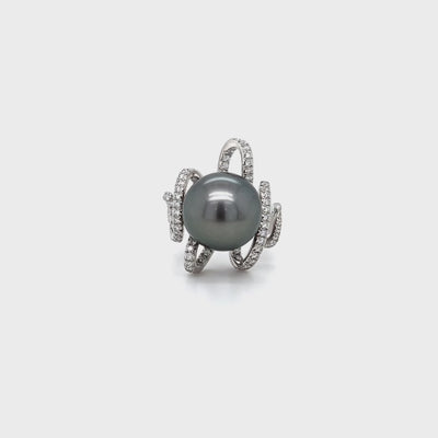 Tahitian Pearl and Diamond Ring in 18k White Gold