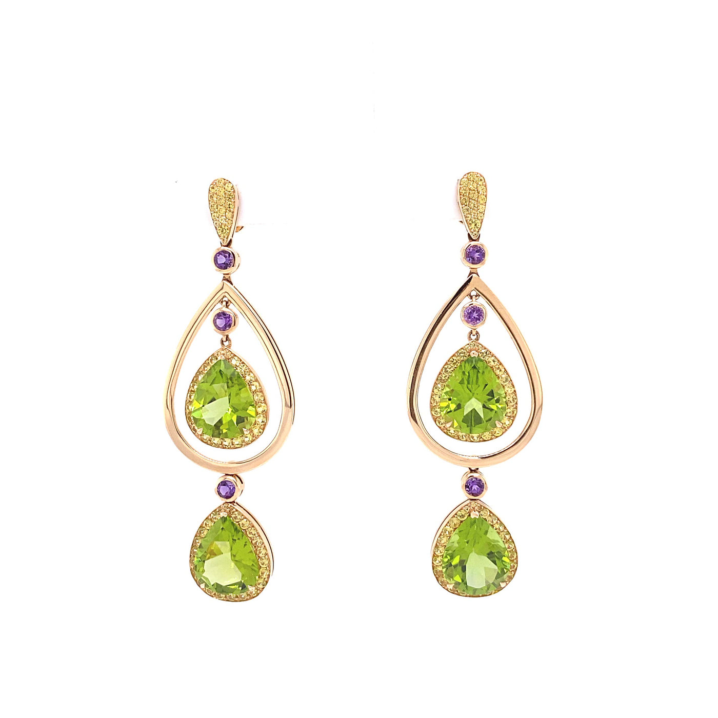 Peridot and Yellow Sapphire Earrings with Amethyst in 18k Yellow Gold