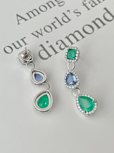 Emerald, Blue Sapphire and Diamond Earrings