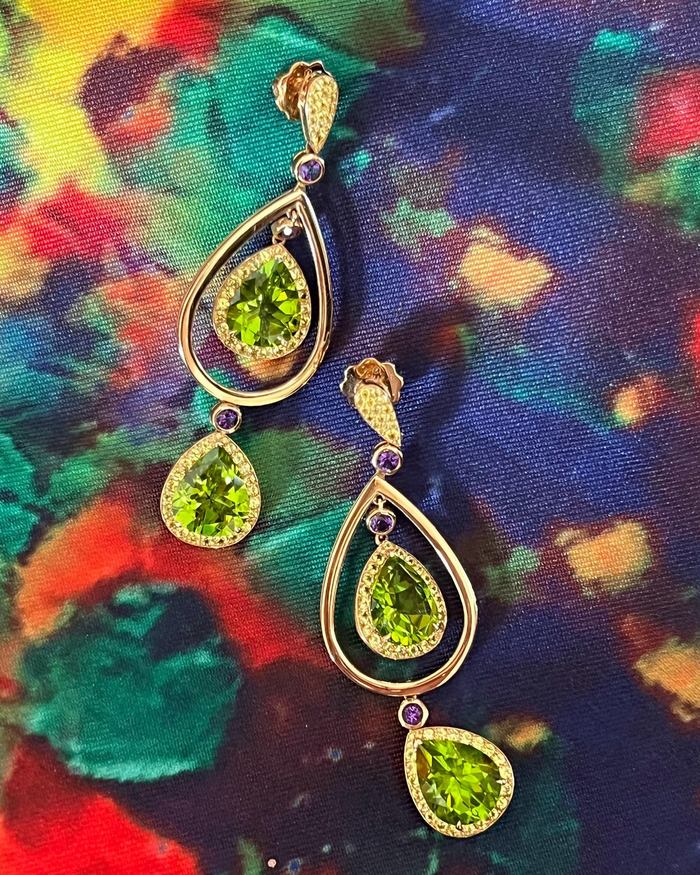 Peridot and Yellow Sapphire Earrings with Amethyst in 18k Yellow Gold