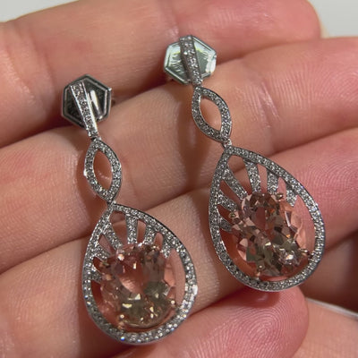 3.45ct Peach Morganite and .50ct Diamond Earrings in 18k White Gold