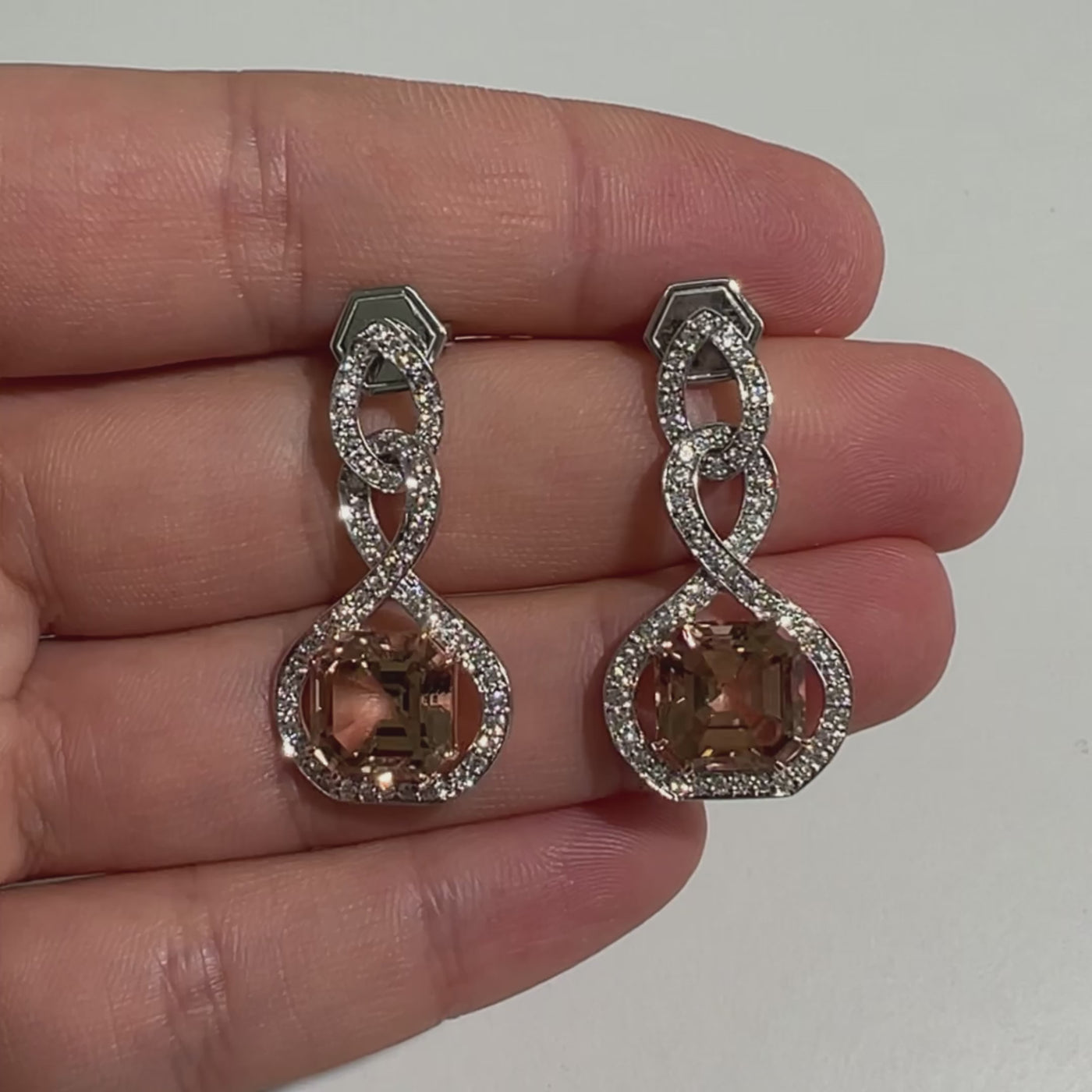 8.65 Carat Peach Tourmaline and Diamond Dangle Earrings in 18k White Gold